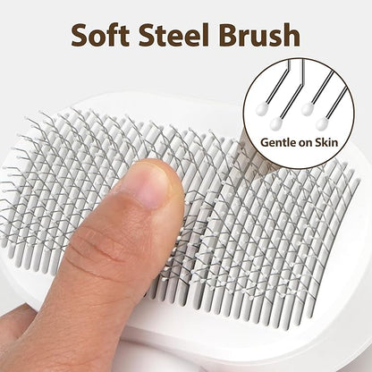 Soft Cat Brush for Indoor Cats Shedding with Protective Case, Flea Comb Included, Self-Cleaning Slicker Brush for Cats, Sensitive Cat Pet Hair Removal Tools Grooming Supplies