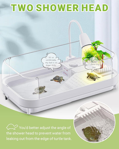 Large Turtle Tank Kit with Lamp and Filter, Acrylic Turtle Tank Starter Kit, Tank Aquarium with Heightened and Curved Fences, Bottom Drainage, Multi-Function Areas
