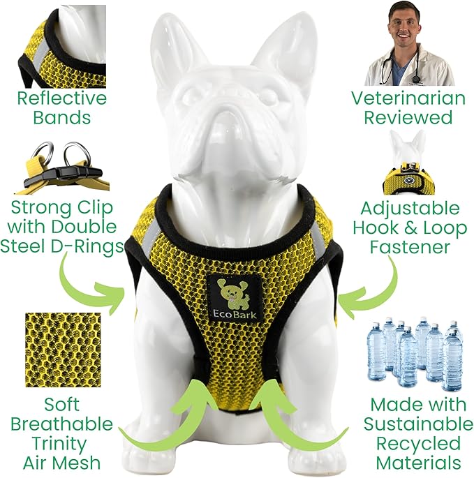 EcoBark Step in Dog Harness - Eco-Friendly Teacup Dog Harnesses for XXS, XS, and Small Dogs - Reflective and Adjustable Mini Body Halter Vest -Tiny Soft Mesh Toy Breed Harness (Yellow, XXS)