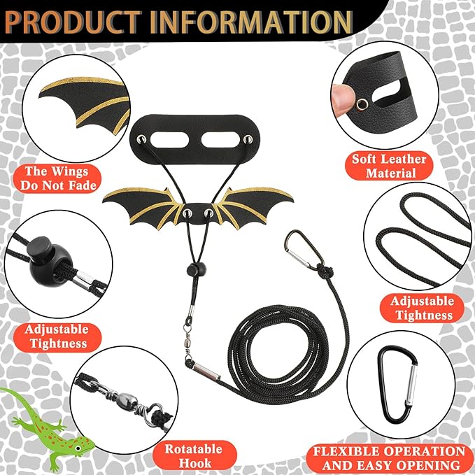 Bearded Dragon Leash and Harness Set 3 Size Pack Adjustable Cool Leather Lizard Leash with Dinosaur Wings for Reptile Safety Walking Accessories, Black