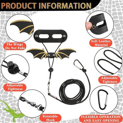 Bearded Dragon Leash and Harness Set 3 Size Pack Adjustable Cool Leather Lizard Leash with Dinosaur Wings for Reptile Safety Walking Accessories, Black