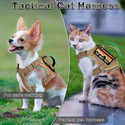 Tactical Cat Harness and Leash Set for Walking, Adjustable Escape Proof Pet Vest for Large Cat, Easy Control Breathable Vest with Handle，Molle Patches (Khaki+Leash, L)