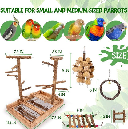 Bird Playground - Natural Wood Bird Perch Stand with Removable Tray and 2 Stainless Steel Cups