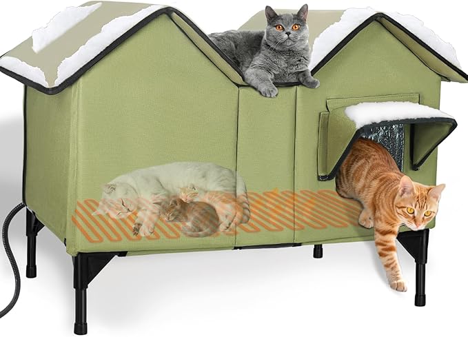 Extra Large Heated Cat House for Outside, Elevated Waterproof Outdoor Cat House Weatherproof for Winter, Insulated Outdoor Cat Shelter with Escape Doors and Heating Pad for Multiple Cats, Green