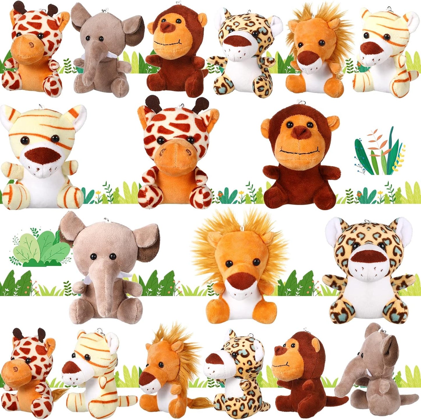 HyDren 18 Pcs Small Safari Stuffed Animals Bulk 4.8 Inch Jungle Animal Mini Plush Toy Lion Tiger Elephant Giraffe Leopard Monkey Figures for Summer, Baby Shower, Birthday Party(Lovely Style)