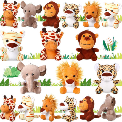 HyDren 18 Pcs Small Safari Stuffed Animals Bulk 4.8 Inch Jungle Animal Mini Plush Toy Lion Tiger Elephant Giraffe Leopard Monkey Figures for Summer, Baby Shower, Birthday Party(Lovely Style)