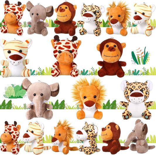 HyDren 18 Pcs Small Safari Stuffed Animals Bulk 4.8 Inch Jungle Animal Mini Plush Toy Lion Tiger Elephant Giraffe Leopard Monkey Figures for Summer, Baby Shower, Birthday Party(Lovely Style)