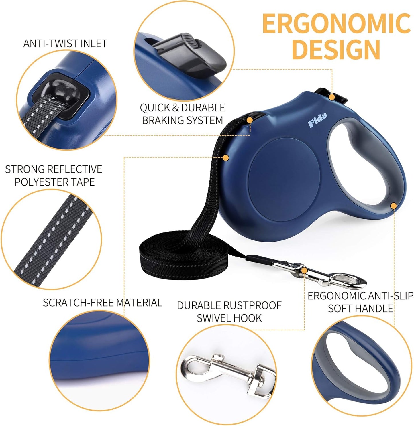 Fida Retractable Dog Leash with Dispenser and Poop Bags, 16 ft Pet Walking Leash for Medium Dog or Cat up to 44 lbs, Anti-Slip Handle, Tangle Free, Reflective Nylon Tape (M, Navy Blue)