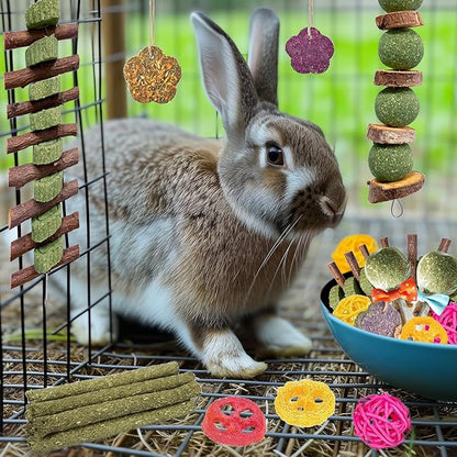 21 Pcs Rabbit Chew Toys for Teeth, Natural Bunny Toys Peach Wood Grass Timothy Sticks Chew and Treat for Guinea Pigs Hamster Chinchillas and Other Small Pets