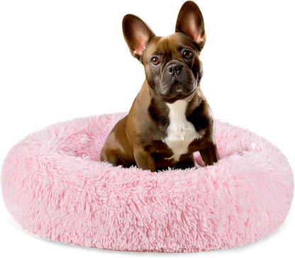 PetAmi Calming Dog Bed for Small Medium Dog Cat, Round Donut Dog Bed Washable, Fluffy Faux Fur Plush Cuddler Pet Kitten Cushion Bed, Anti-Slip, Fits up to 25 lbs, 23 inch, Pink