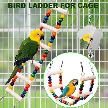 Bird Toys for Parakeets 7Pcs, Wood Parrots Budgie Cage Accessories, Bird Perch Swings for Small Conure Cockatiel Toys, Bird Ladder Swing for Parakeets Climbing 18''