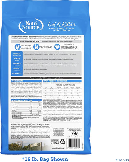 NutriSource Cat & Kitten Food, Made with Chicken Meal, Salmon and Liver, with Wholesome Grains, 16LB, Dry Cat Food