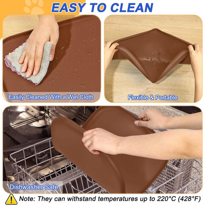 Silicone Pet Feeding Mat with Raised Edge for Food and Water, Dog Bowl Mats, Cat Bowls Placemat with High Lip for Floor Waterproof, Rubber Tray for Cats and Dogs 24 x 16 x0.8 Brown