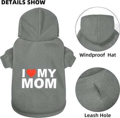 GreenJoy Dog Sweater Dog Hoodie Cold Weather Dog Coat Hooded Sweatshirt for Puppies,Cats, Small Medium Large Dogs (Grey(I Love My Mom), Small)