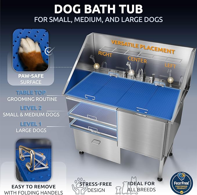 KANIS Professional Dog Washing Station - 304 Stainless Steel Pet Wash Sink & Grooming Bathtub w/Shower, Floor Grates and Storage for Large, Medium & Small Pets (50", 1 Drawer - Right Ramp)