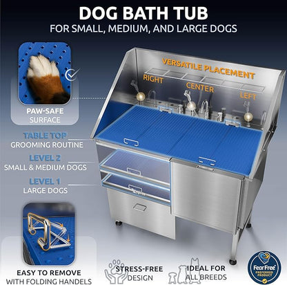 KANIS Professional Dog Washing Station - 304 Stainless Steel Pet Wash Sink & Grooming Bathtub w/Shower, Floor Grates and Storage for Large, Medium & Small Pets (50", 1 Drawer - Right Ramp)
