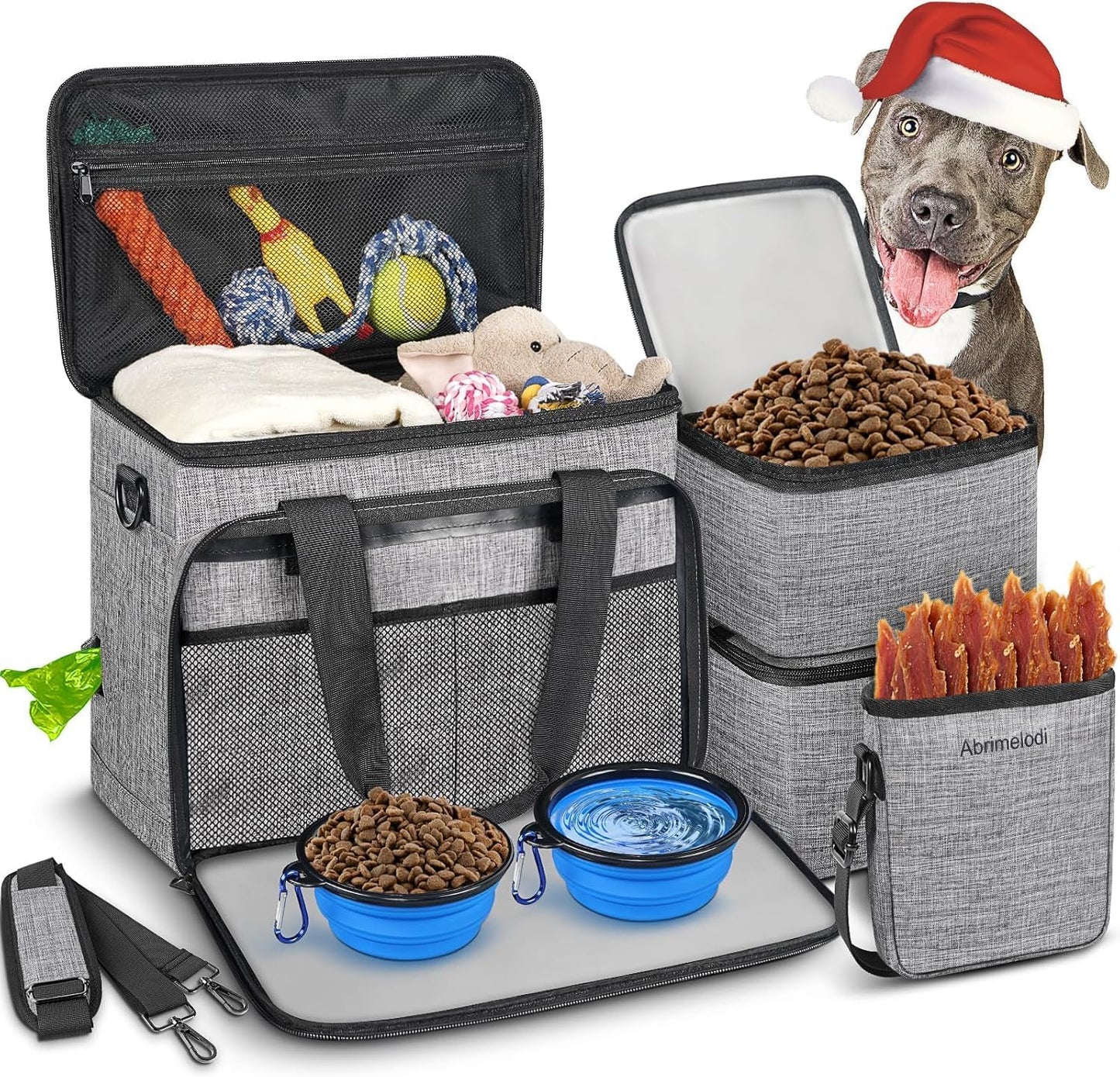 6 Set Dog Travel Bag, Large Pet Travel Kit for Supplies Includes 2 Food Containers, 1 Pet Organizer for Dogs, 2 Collapsible Bowls, 1 Treat Pouch, Dog Weekend Overnight Bag Luggage