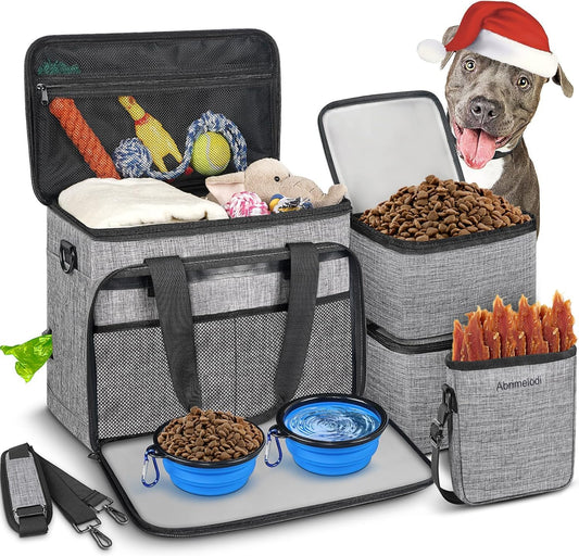 6 Set Dog Travel Bag, Large Pet Travel Kit for Supplies Includes 2 Food Containers, 1 Pet Organizer for Dogs, 2 Collapsible Bowls, 1 Treat Pouch, Dog Weekend Overnight Bag Luggage