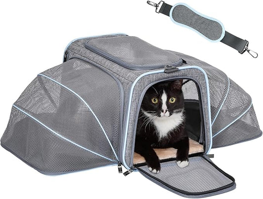 Petsfit Expandable Large Cat Carrier Small Dog Carriers Airline Approved, 17" Lx 11" Wx 11" H Soft-Sided Portable Washable Pet Travel Carrier with 2 Extension for Kittens, Puppies, Rabbits