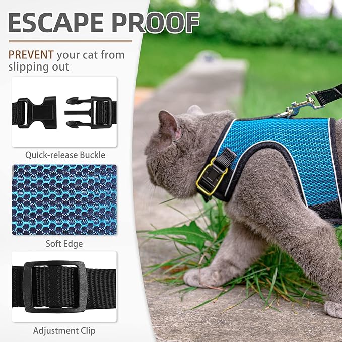 PUPTECK Soft Mesh Cat Vest Harness and Leash Set Puppy Padded Pet Harnesses Escape Proof for Cats Small Dogs (Large, Lake Blue)