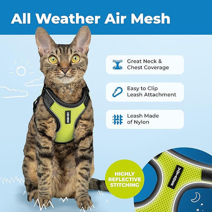 Voyager Escape Proof Cat Harness and Leash Set with Reflective Stitching, Neoprene Handle 5ft - Supports Small, Medium and Large Cats, Kittens for Walking by Best Pet Supplies - Black Trim-Lime, XXXS