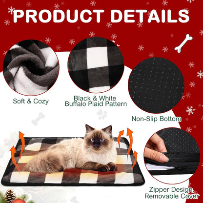 2 Pack Self Warming Cat Bed Self Heating Dog Pad Cat Warming Pad Thermal Pet Mat Washable Reflect Body Heat Removable Cover for Indoor Kittens Puppies (Black White Plaid,16 x 20 Inch)