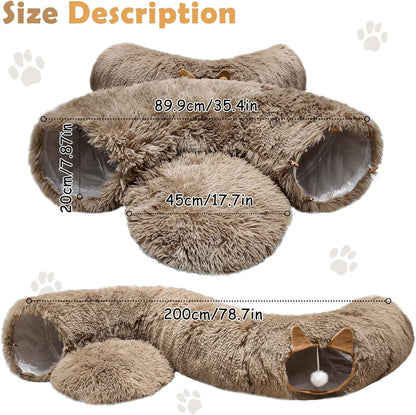 Cat Tunnel Bed for Indoor Cats, Soft Plush Donut Peekaboo Cat Cave, Multifunctional Playground Toy for Small Medium Large Cats, Kittens, Rabbits, Ferrets, with Washable Cushion (Brown)