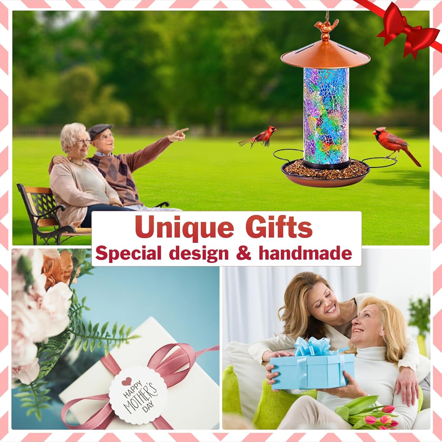 XDW-GIFTS Mosaic Solar Bird Feeder, Waterproof Lantern Shape with Hook & 4 LED Lights, Garden Decor for Lawn, Patio, Balcony, Yard Ornament - Unique Gifts for Mom,Women,Grandma,Bird Lovers