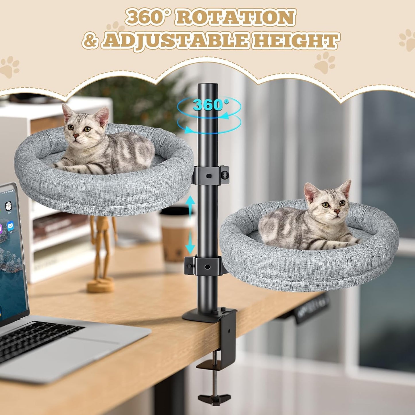 Cat Bed - Desk Cat Nest with 360 Rotation & Adjustable Height - Soft & Comfortable - Indoor Cats Up to 40 lbs (Grey)