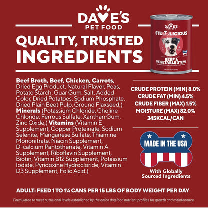 Dave's Pet Food Stewlicious Grain Free Wet Dog Food (Beef & Vegetable in Gravy), Made in USA Naturally Healthy Canned Gluten Free Dog Topper, 13.2 oz (12 Pack)