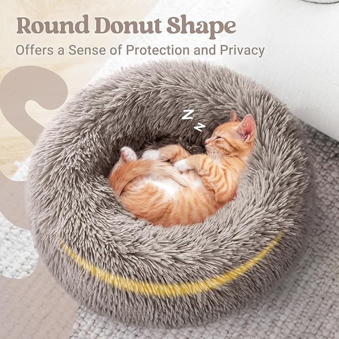 rabbitgoo Cat Beds for Indoor, 20 inches Machine Washable, Fluffy Round Pet Bed Non-Slip, Calming Soft Plush Donut Cuddler Cushion Self Warming for Small Dogs Kittens, Khaki, Medium