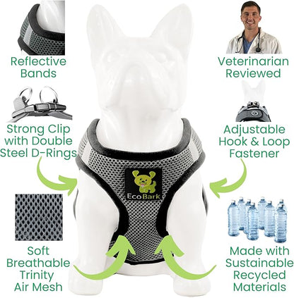 EcoBark Teacup Dog Harness - Step in Luxury Soft Dog Harness - Reflective and Adjustable Mini Body Halter Vest -Tiny Soft Mesh Toy Breed Harness (Gray, XXXS)