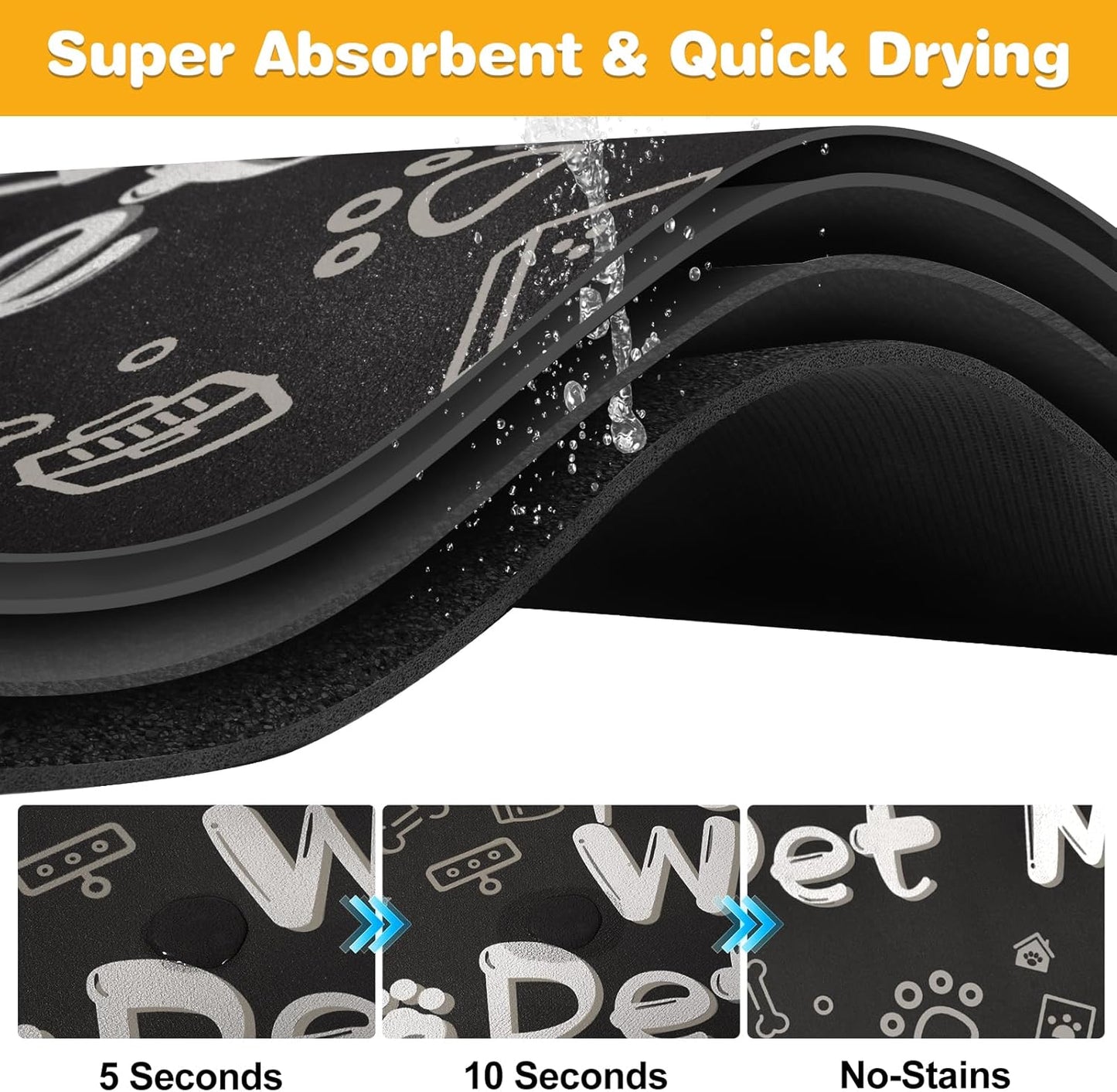 Pet Feeding Mat,Dog Cat Mat for Food and Water,Dog Bowl Waterproof Placemat with Rubber Backing,Absorbent Quick Dry Water Dispenser Mat for Pet（Black 12"×18"）