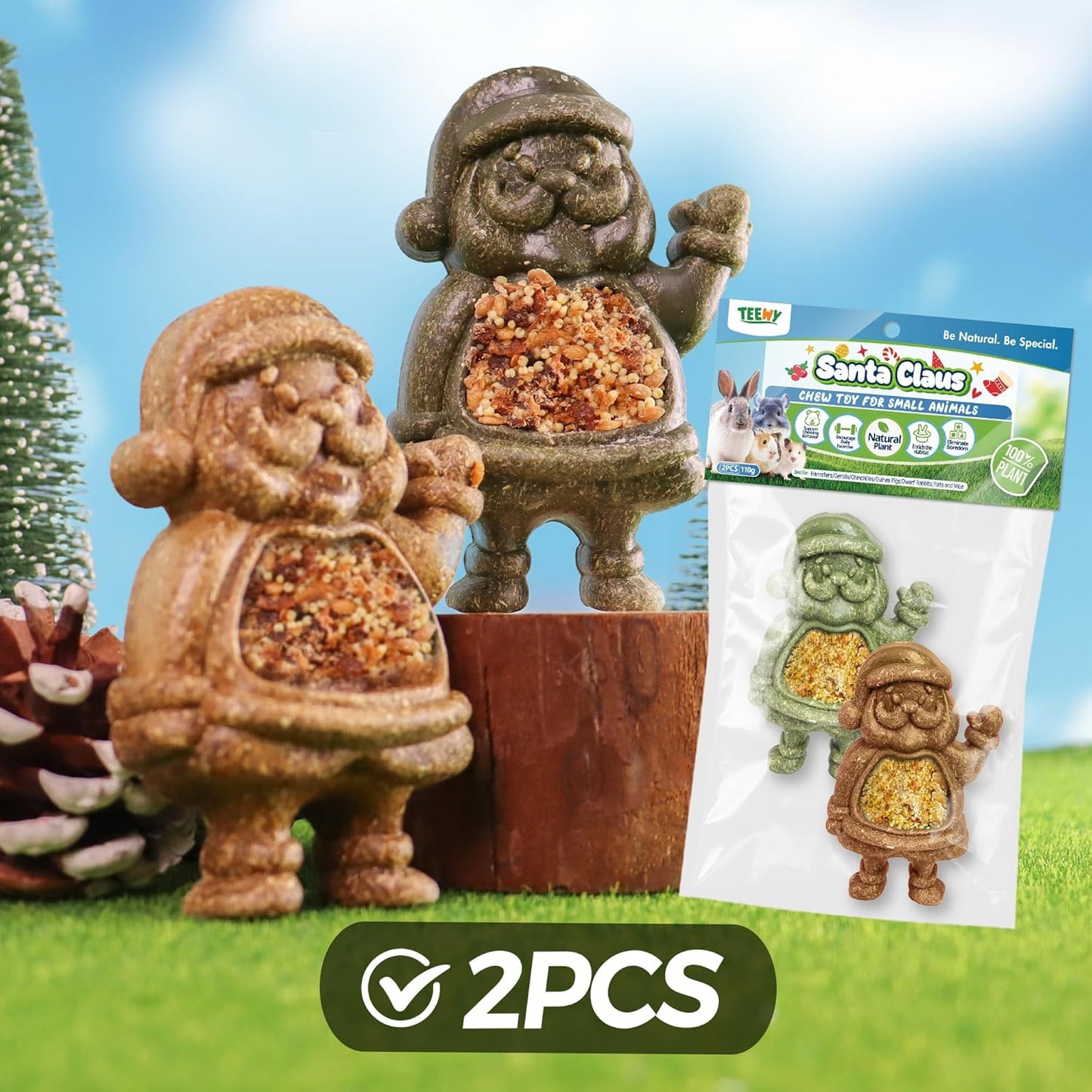 TEEWY Santa Claus Guinea Pig Toys, Natural Vegetables, Fruits and Timothy, Hamster Chew Toys for Teeth, Guinea Pig Toys Enrichment, Small Animal Chew Toys for Chinchilla, Rat, Gerbil, 2PCS