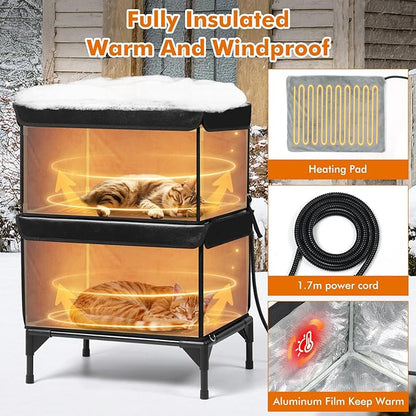2 Story Heated Cat House for Outside, 100% Waterproof, Safe Escape Door, Elevated Base, Weatherproof Insulated Shelter for Stray Feral Barn Cat