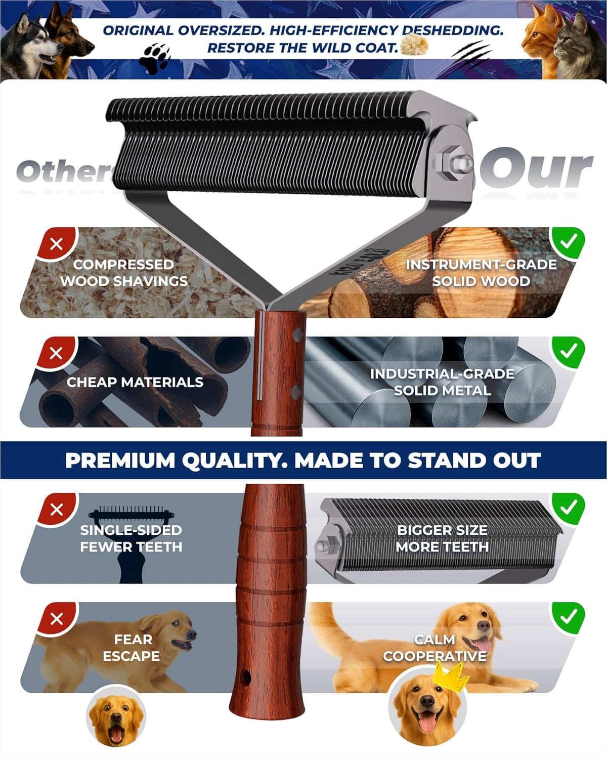 Dog brush for shedding Oversized 2-Sided Dog Brush African Padauk Handle