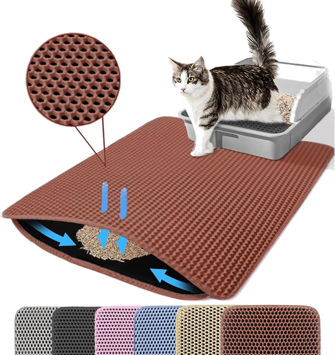Small Cat Litter Mat, 20x14’’ Double Layer Honeycomb Cat Litter Box Mat, Non Slip Waterproof Urine Proof Litter Trapping Mat for Floor, Kitty Litter Pad, Indoor Pet Supplies, Brown