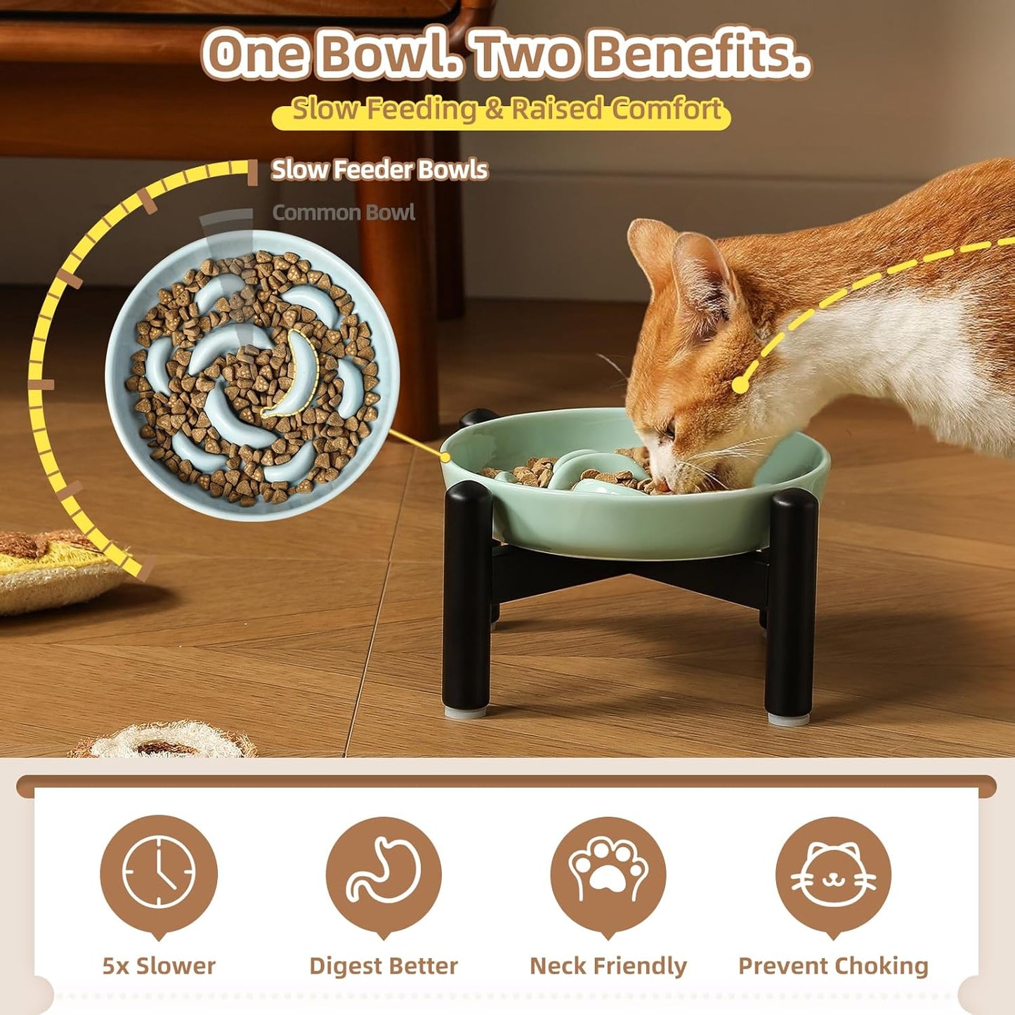 Elevated Slow Feeder Cat Bowl - Ceramic Cat Food Dish with Anti-Slip Stainless Steel Stand - Raised Maze Plate for Slow Eating - Ivory White