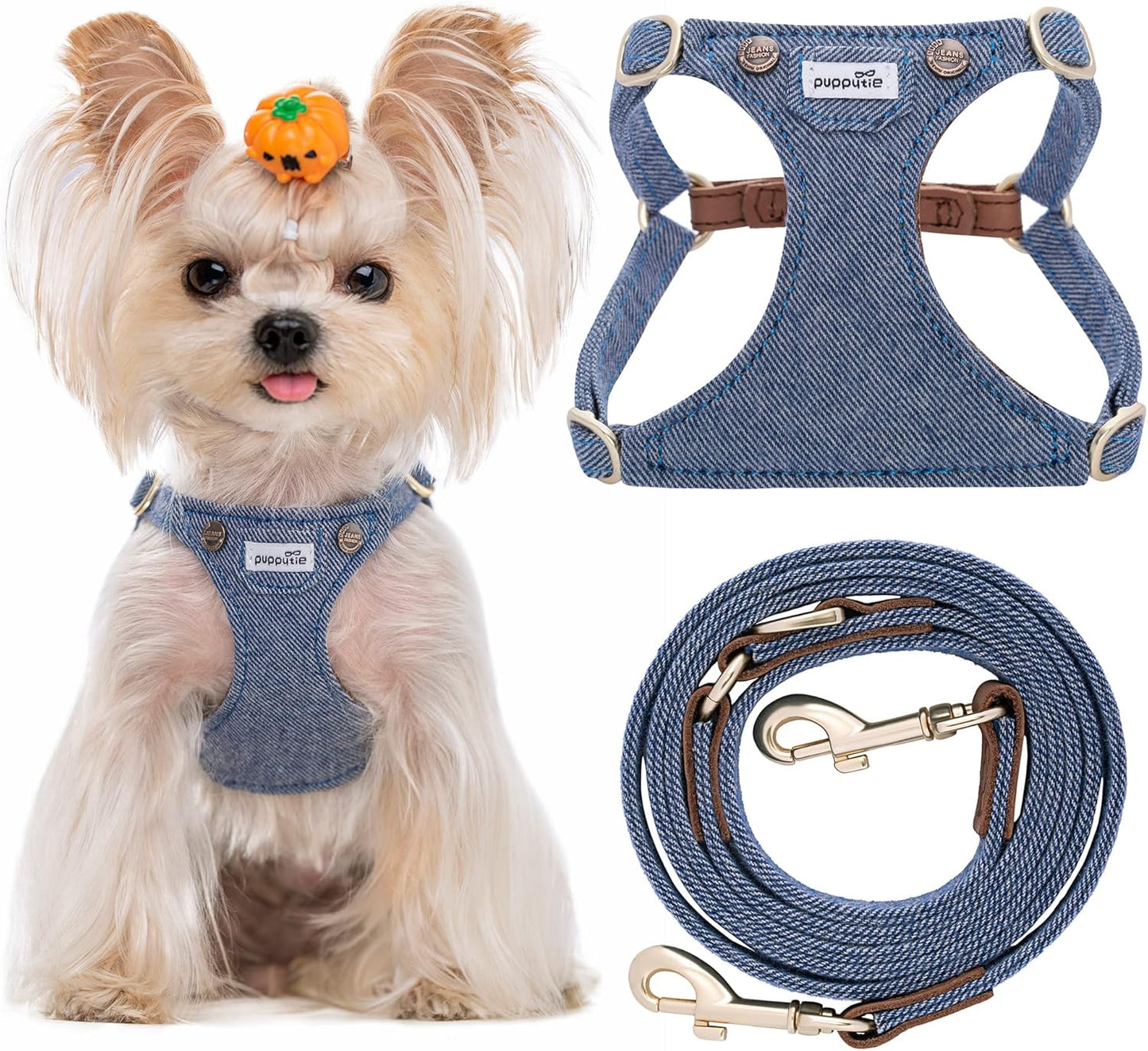 Puppytie No Pull xs Dog Harness with Multifunction Dog Leash,Soft Adjustable No Choke Escape Proof Pet Harness Vest,Denim Light Blue,XXS