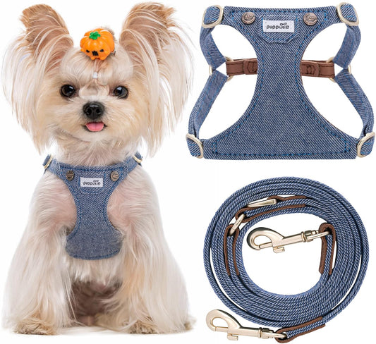 Puppytie No Pull xs Dog Harness with Multifunction Dog Leash,Soft Adjustable No Choke Escape Proof Pet Harness Vest,Denim Light Blue,XXS