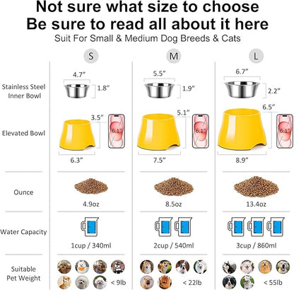 Dog Bowls,Cone Friendly Non-Slip Single Dog Bowl with Stainless Steel Inner, Raised Bowls for Small and Medium Dogs Spaniel Dogs Long Ear, High Capacity, L/3 Cups Yellow