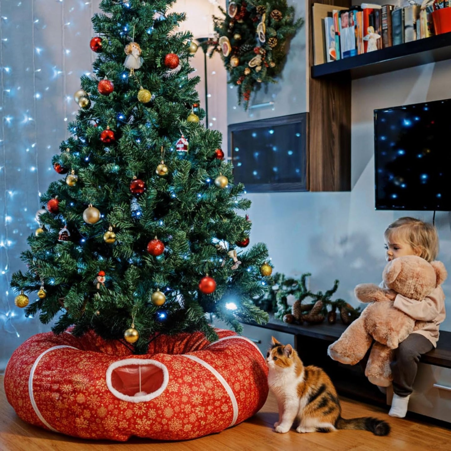 Cat Tunnel Bed Under Christmas Tree 36'' Kitten Circle Donut Tunnel Skirt with Ball Mat Decorative Xmas Folding Home Kitty Guard Tube Holiday Party Indoor Pet(Red Gold,Snowflake)