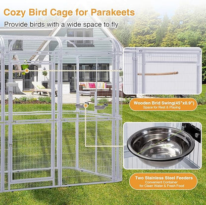 Large Walk-in Cage 87-inch Heavy Duty Bird Cage Outdoor Aviary Parrot Cage Wide Flight Metal Birdcage with Stand for Macaw Budgie Conure Lovebird Parakeet Cockatiel, 7.22x5.25x6.8ft, White