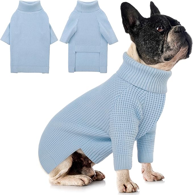 Queenmore Dog Sweaters for Small Dogs Male, Turtleneck Fall Doggie Sweater, Waffle Knit Sweater for Dogs, Cat Sweater Puppy Sweaters, Puppy Christmas Sweater, Blue XS