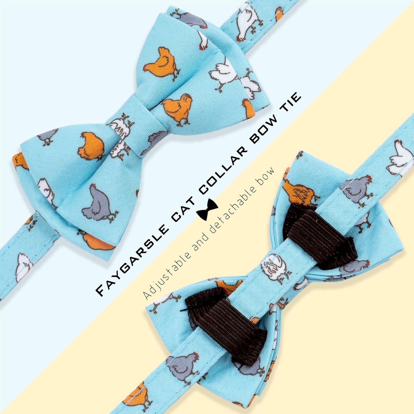 Faygarsle 2 Pack Chicken Pattern Cat Collar Set with Bandana and Bowtie, Light Blue, Breakaway Safety Clasp with Bell