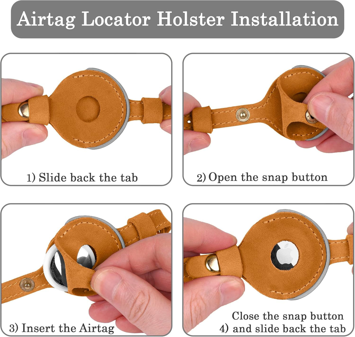 OOPSDOGGY Reflective Leather AirTag Cat Collar with Bell - Non Breakaway Adjustable Pet Collar with Apple Air Tag Holder - Lightweight GPS Kitten Collars for Small Dogs Puppy (Camel)