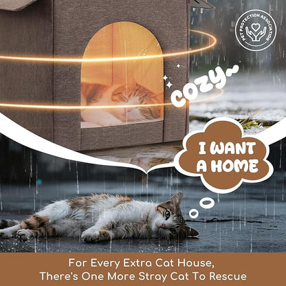 Insulated Outdoor Cat House Weatherproof, Winter Cat Houses for Outdoor Cats with Heated-Foil, Waterproof Feral Stray Cat Shelter with Warm Mat and Door Curtain, Easy to Assemble, Brown