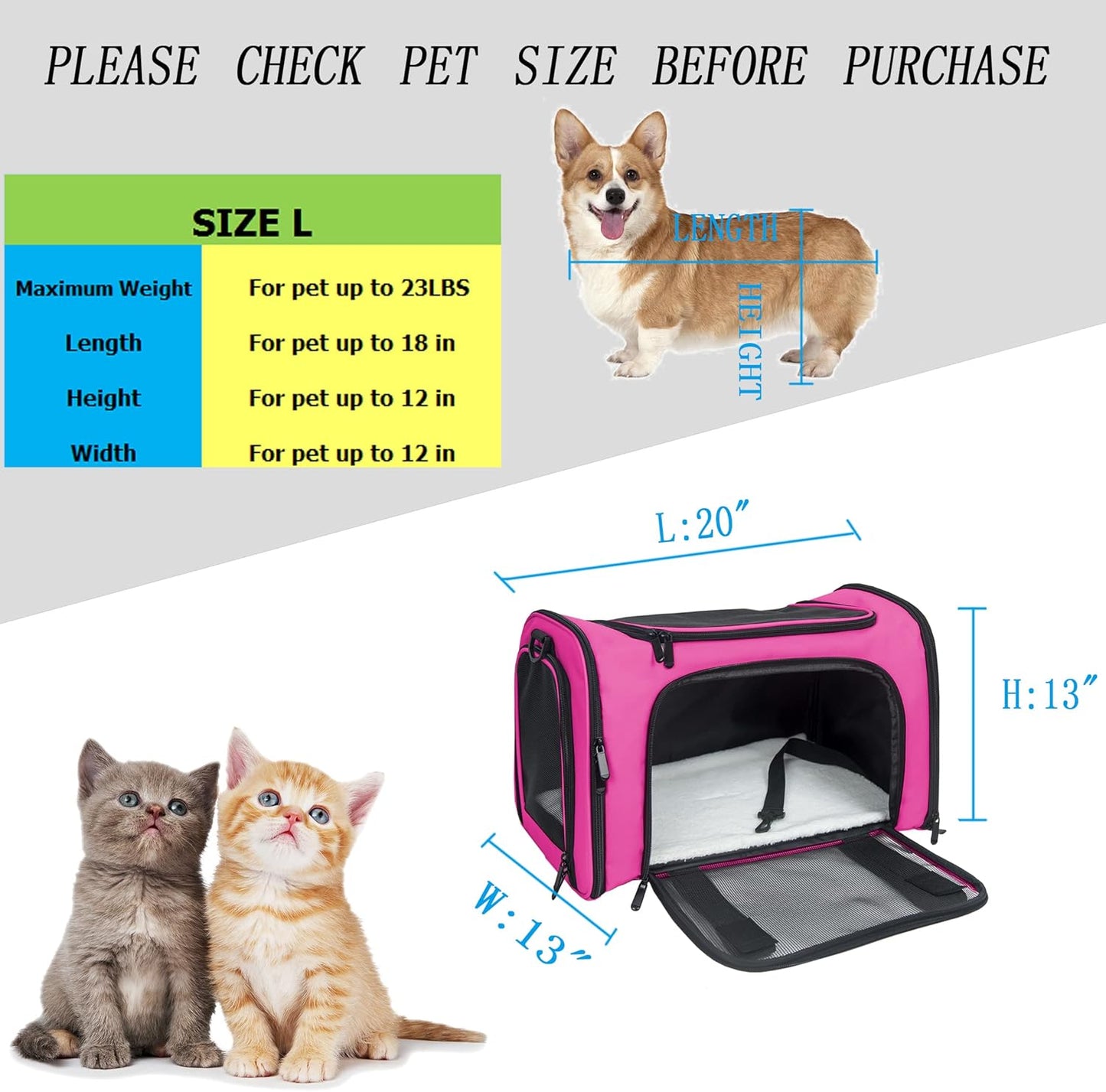 Soft Sided Carrier for Small Medium Cats Dogs,Removable Pad Collapsible Travel Pet Carrier Large Magenta