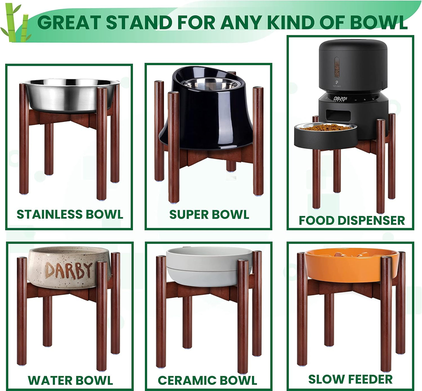 Stand for Dog Water/Food Bowl, Fountain Dishes and Feeders - Makes 14-inch High, Ideal for Large Breeds - Adjustable Sideways with Lock, Dark Wood - Bowls Not Included