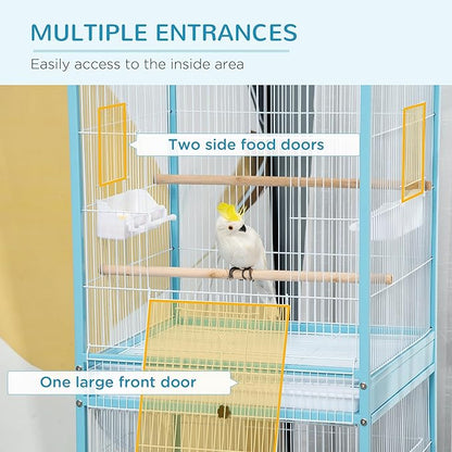 PawHut Large Bird Cage with 1.7 ft. Width for Wingspan, Bird Aviary Indoor with Multi-Door Design, Fit for a Canary, Finch, Conure, 55", Light Blue